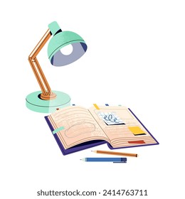 Open notebook with desk lamp above. Planner for time management. Student book for study. Notepad for writing notes, thoughts. Education sticker. Flat isolated vector illustration on white background