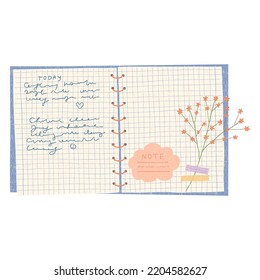 Open Notebook. Diary with stickers, notes, dried flower, washi tape. Hand drawn vector illustration. Isolated on white background