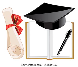 Open notebook and diploma on white background 