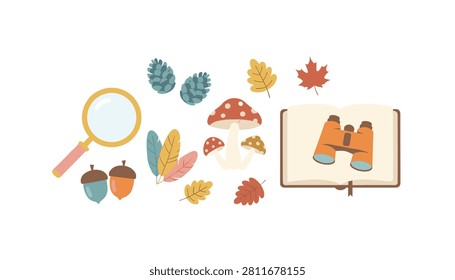 Open notebook displaying a binoculars illustration surrounded by a magnifying glass, acorns, pinecones, feathers, and mushrooms.
