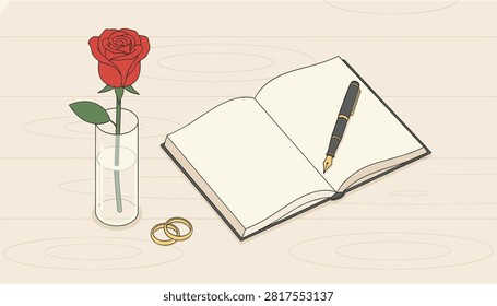 Open notebook with fountain pen, single red rose in glass vase, and golden wedding rings placed on a light wooden surface.