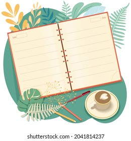 An open notebook, a glider, a calendar, organizer or a diary. Realistic layout with blank pages, vector notebook template on the background of the workplace