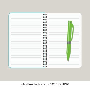 Open notebook with green pen. Vector illustration
