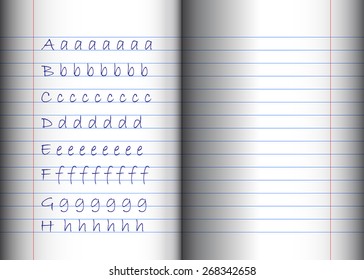 An open notebook with hand-written abc and a blank page.