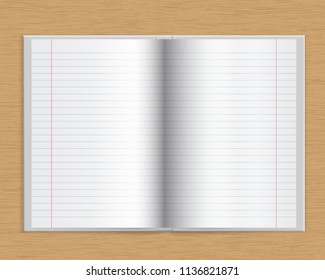 Open notebook with hard cover and of lined paper on a wooden table top - vector