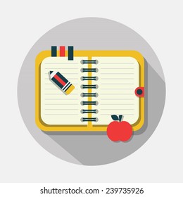 Open notebook icon with long shadow on gray background - Modern flat design