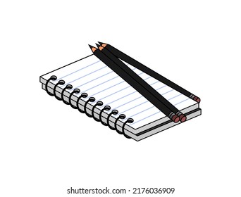offene Notizbuch-Illustration mit 3 schwarzen Stiften