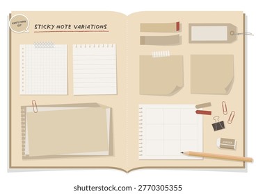 Open notebook with kraft paper sticky notes and memo variations set