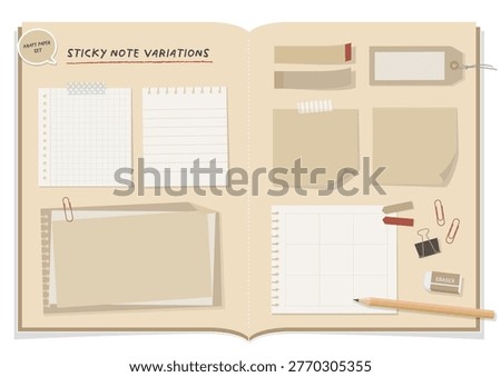 Open notebook with kraft paper sticky notes and memo variations set