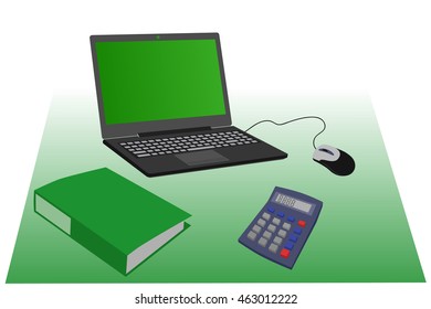 open notebook (laptop) is on the table. On the laptop screen open green site. laptop with a computer mouse. calculator and green folder on the table