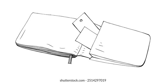 Open notebook, line drawing, sketch. Office notepad, organizer with business cards, blank papers, pages. Planner with pocket, contoured hand-drawn vector illustration isolated on white background