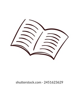 Open notebook with lined pages in line art style. Doodle logo for school study. Vector illustration isolated on a white background.