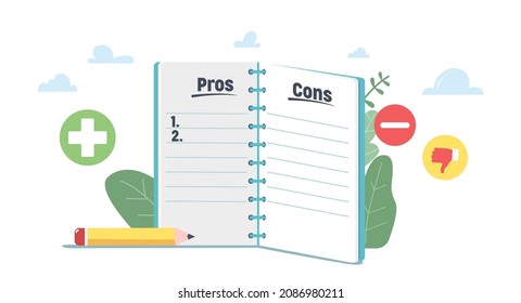 Open Notebook with Lined Sheets with Pros and Cons of Something in Column List, Pencil for Important Decision, Advantages or Disadvantages, Plus and Minus Signs. Cartoon Vector Illustration