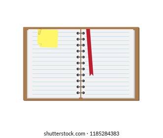 Open notebook with lined and yellow stick note top view and space for your text isolated vector on white background.