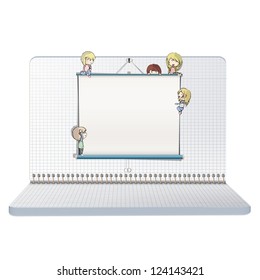 Open notebook with many children around a white screen. Vector design.