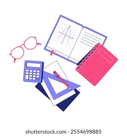 Open Notebook With Mathematical Graph, Calculator, And Stationery In Flat Vector Illustration Symbolizing Education, Mathematics, And Study, Isolated On White Background.