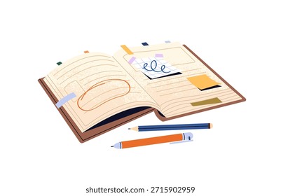 Open notebook with memo stickers, bookmarks, writings for learning. Paper note book with pen, pencil. Notepad to study, do homework exercises. Flat isolated vector illustration on white background