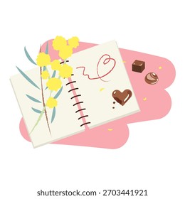Cuaderno abierto con las flores de Mimosa y la ilustración de los chocolates