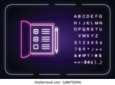 Open notebook neon light icon. List with ticked checkboxes. Completed test form. School papers. Outer glowing effect. Sign with alphabet, numbers and symbols. Vector isolated RGB color illustration