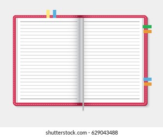 Open notebook on light gray background, vector illustration