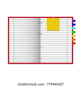Open notebook on light white background, two lined pages of diary with leap leaf and colored bookmarks, school, business equipment,  vector illustration
