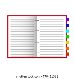 Open notebook on light white background, two lined pages of diary with colored bookmarks, 
school, business equipment,  vector illustration
