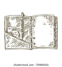 Open notebook on the rings. Engraving style. Sketch. Vector illustration.