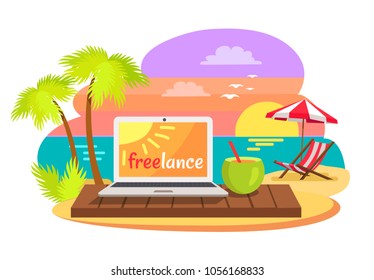 Open notebook on tropical beach with text freelance on screen, summer cocktail with straw, sun-bed under umbrella, summertime poster freelance concept