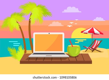 Open notebook on tropical beach, summer cocktail with straw, sun-bed under umbrella, summertime poster freelance concept on coastline background
