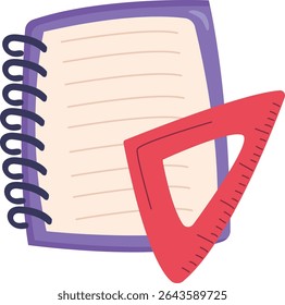 Open notebook on white background. Vertical book with triangular ruler. Educational vector illustration. World book day.