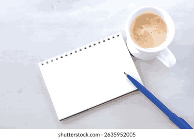 Open Notebook Page with cup of coffee and pen, Vector