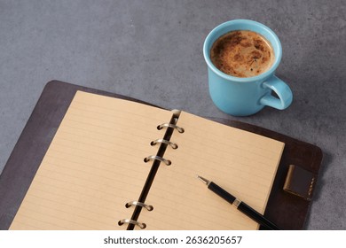 Open Notebook Page with cup of coffee and pen, Vector