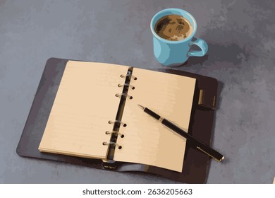 Open Notebook Page with cup of coffee and pen, Vector