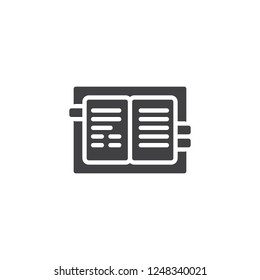 Open notebook pages vector icon. filled flat sign for mobile concept and web design. Office notepad simple solid icon. Symbol, logo illustration. Pixel perfect vector graphics