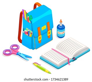 Open notebook, pen and book, full school bag, education symbols on white. Rucksack with office objects, scissors and glue, baggage luggage in blue color. Vector pupil stationery tools, back to school