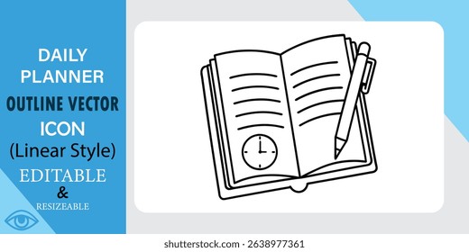 Open notebook with pen and clock icon. Linear style, daily planner concept.