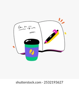 Open Notebook With Pen And Coffee Cup In Flat Vector Illustration Symbolizing Work, Writing, And Productivity, Isolated On White Background