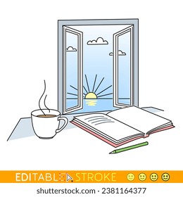 Open notebook with a pen and a cup of coffee on the table in the room with a sunrise sea view in the open window as the background. Freelance author blog concept. Sketch vector with editable stroke.