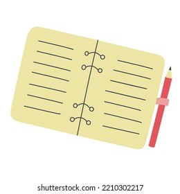 Open notebook with pen holder, diary and pencil doodle icons, vector illustration of stationery items, pad for notes, stationary for school and office, isolated colored clipart on white background