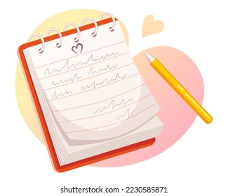 Open notebook with pen. Isolated vector illustration for flyer, poster, banner. 
