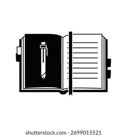 Open notebook with pen and lined pages in a simple black and white illustration