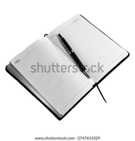 Open notebook with pen in monochrome halftone style isolated on white background. Writing, planning and note taking concept, minimalist stationery illustration.