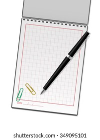 Open notebook with a pen and paper clips