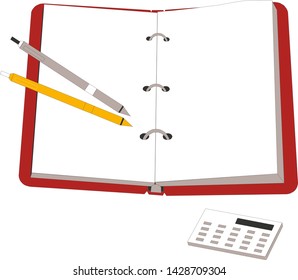 Open notebook with pencil and calculator Vector illustration