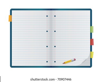An open notebook with pencil, isolated on a white background. Editable vector illustration.