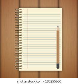 Open notebook and pencil page on wooden background - Vector illustration
