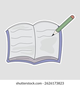 Open Notebook and Pencil Vector Sticker. Cute illustration of an open notebook with pencil, ideal for school, journaling, or learning-themed projects