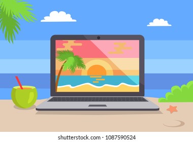 Open notebook picture of tropical sunset at coastline, standing on beach near cocktail vector distant freelance work conceptual background sea view