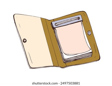 Open notebook, pocket notepad with blank tear-off sheets block, pages for writing and planning. Paper organizer, planner, memo pad. Hand-drawn vector illustration isolated on white background.