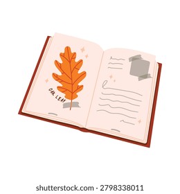 Open notebook with pressed oak leaf. Cozy autumn journaling and nature observation illustration. Fall reading collection in hand drawn style